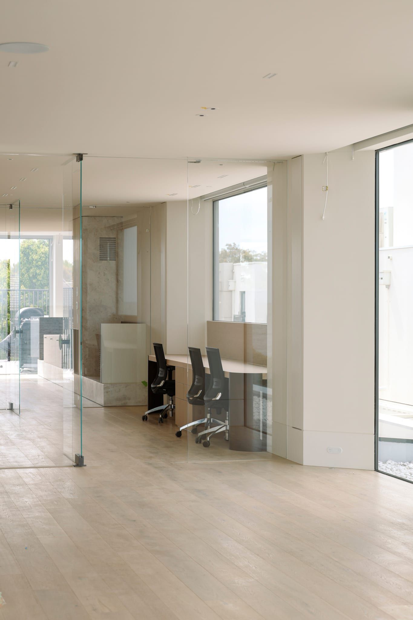 Living space with frameless glass and a planted light well beyond