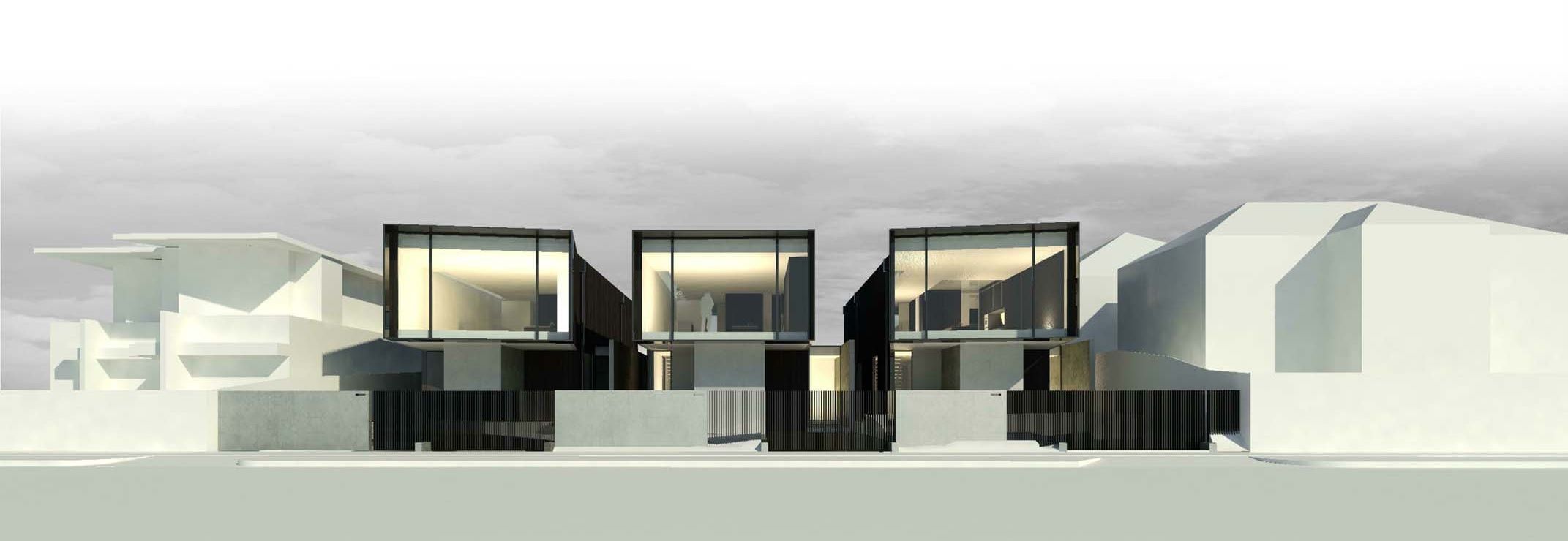 Architect's render of the three homes on Beach Road, three glazed pavilions facing the bay