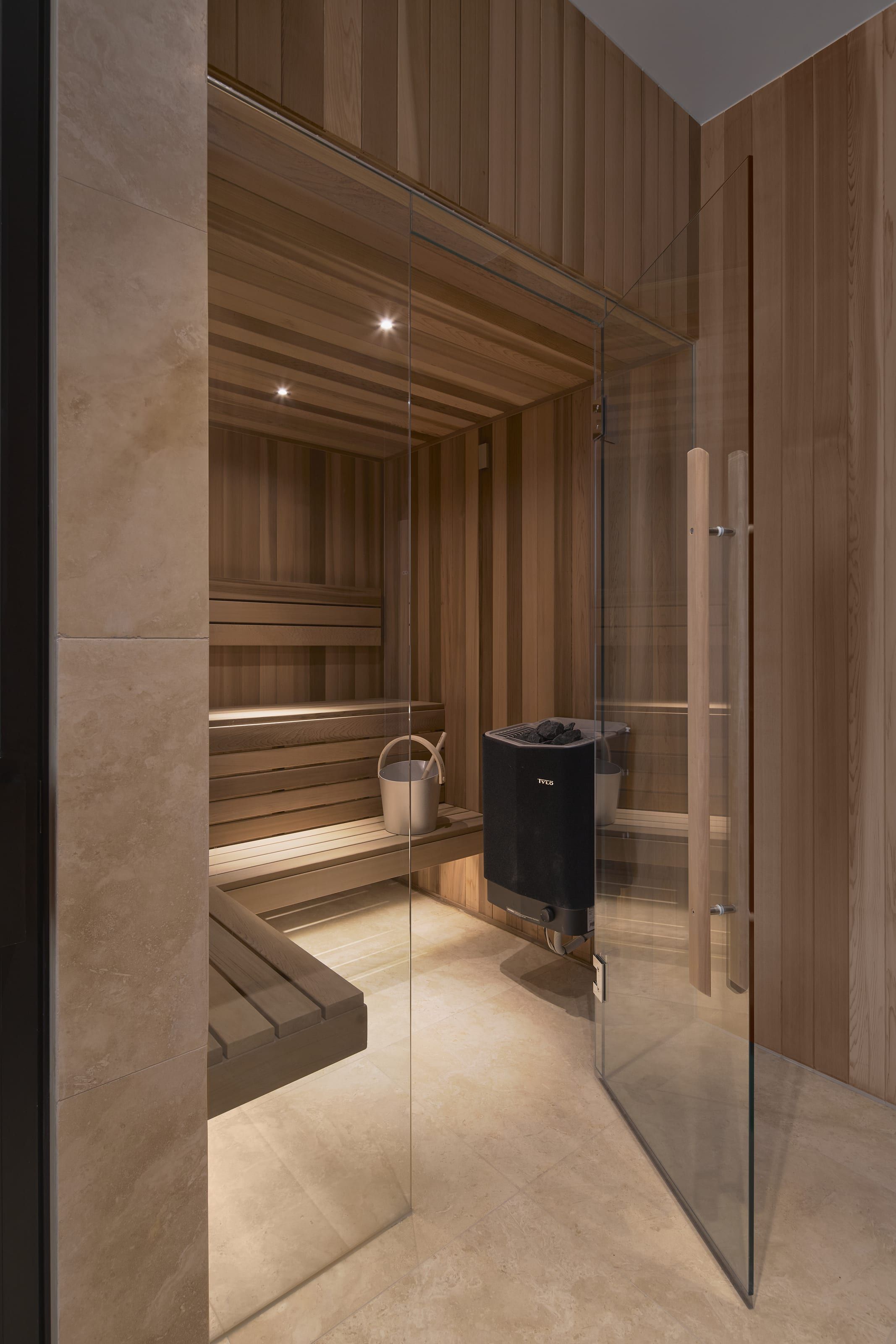 The timber-lined sauna
