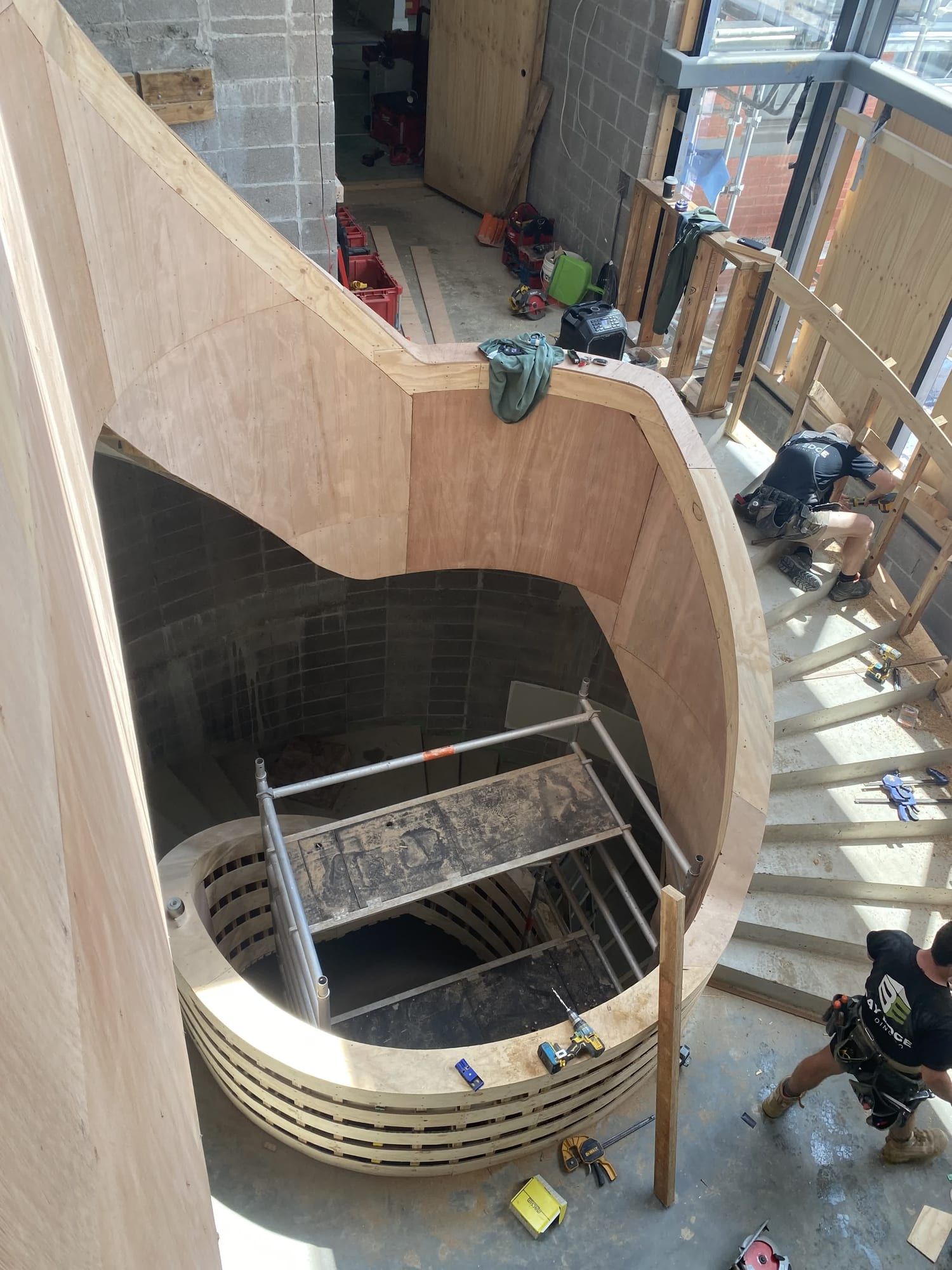 The curved stair in timber formwork during construction
