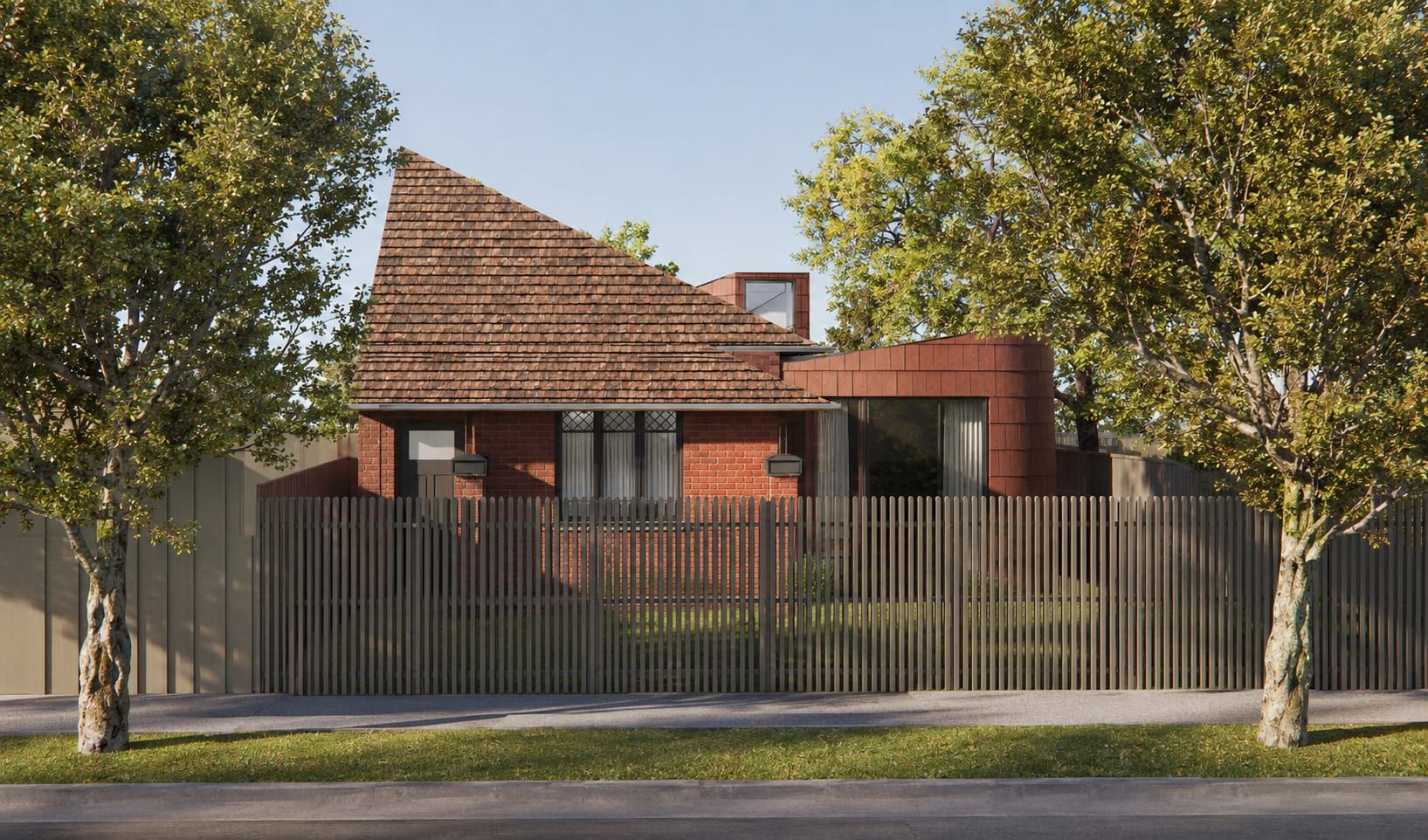 The street elevation of the Willesden Road design, new shingle-clad forms rising beside the original brick home