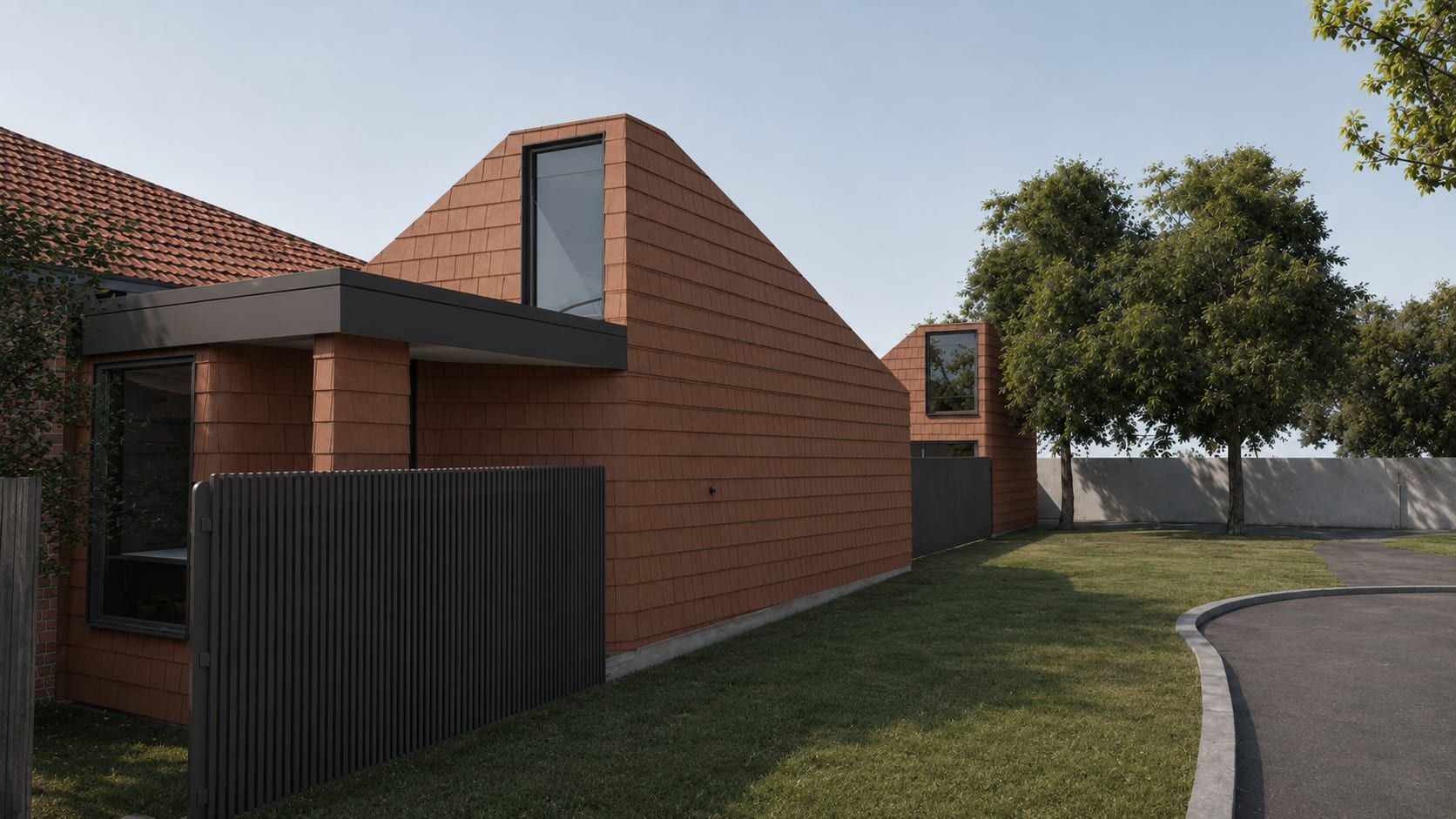 The entry, a flat canopy set against the shingle-clad gable of the new addition